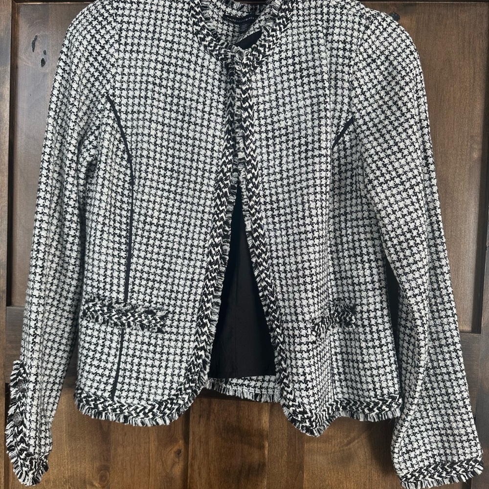 White House Black Market Black and White Gingham Blazer with Fringe Trim